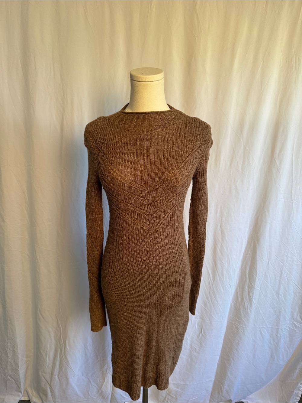 American Eagle Outfitters Brown Ribbed Long-Sleeve Knit Dress